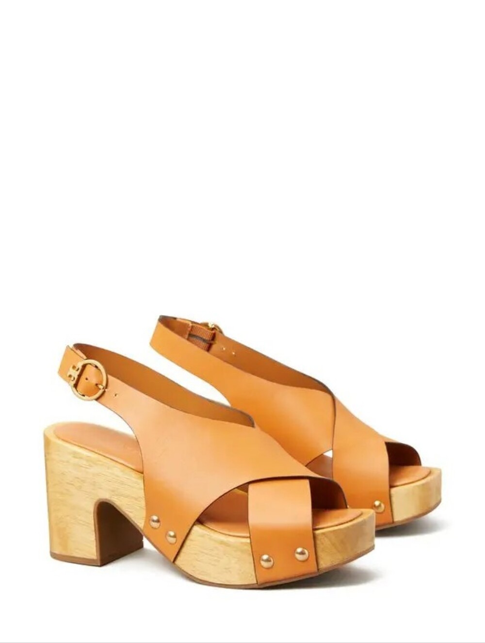 Tory Burch Tan Leather Platform Sandals with Gold Buckle Blythe